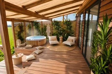 Mobilheim „Cocoon“ mit 2 Schlafzimmern und 2 Bädern | PREMIUM+ – 33 m² – Spa – Klimaanlage – TV – Waschmaschine – Plancha – überdachte Terrasse – Reisepaket - Au Bois des Biches